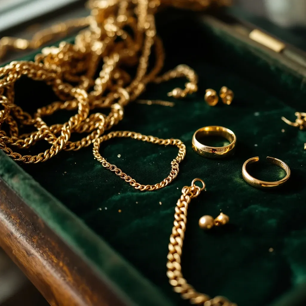 Used gold chains, rings and earrings on a green velvet tray