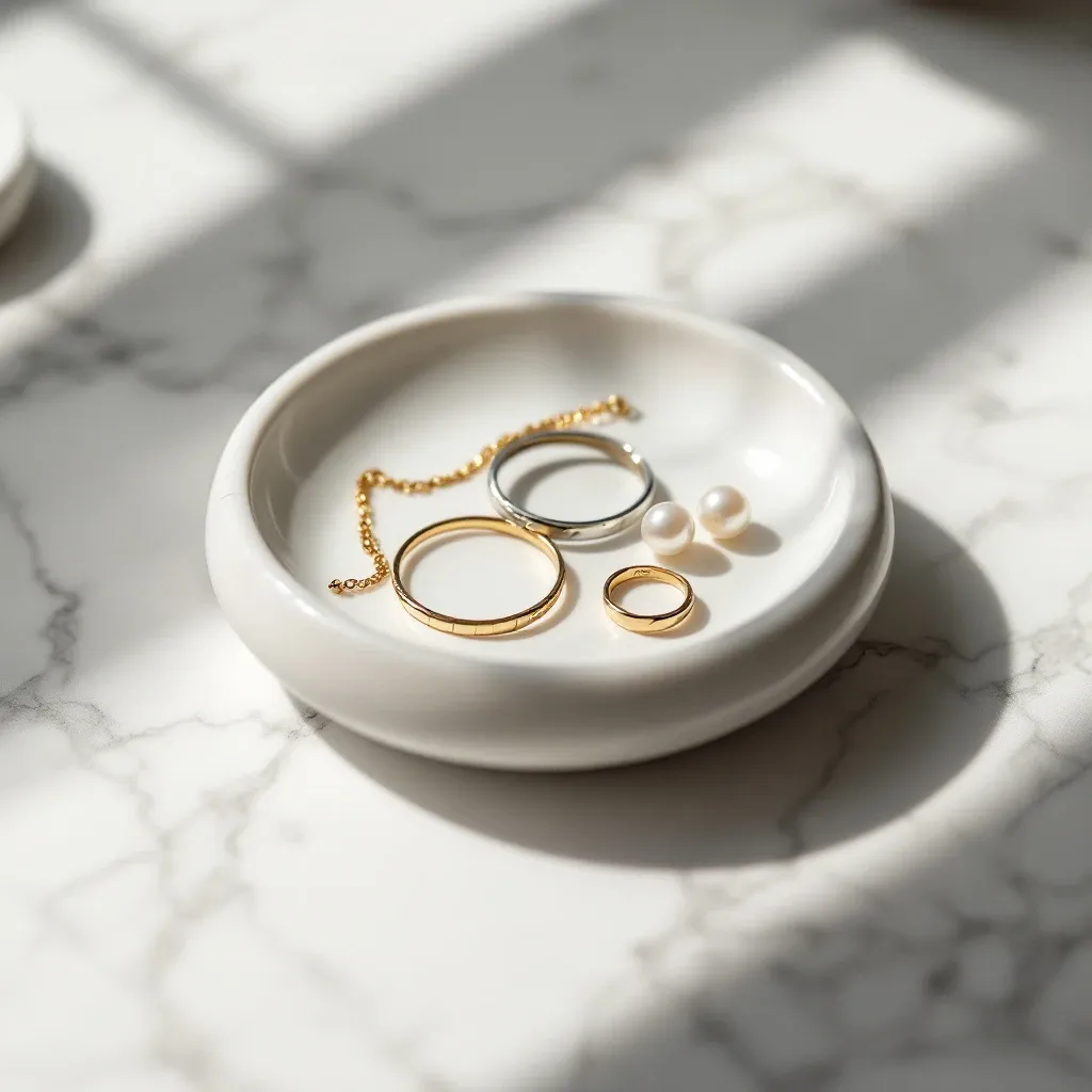Gold and silver rings and a fine gold chain in a white dish